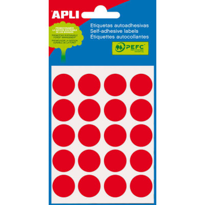 Apli Minibolsa de 100 Etiquetas Redondas Ø 19mm - 5 Hojas por 20 Etiquetas - Adhesivo Permanente - Aptas para Escritura con Lapiz, Boligrafo y Rotulador - Color Rojo
