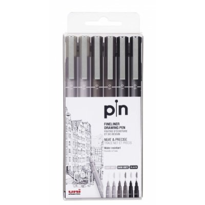 Uni-ball Uni Pin Pack de 6 Rotuladores Calibrados 0.1, 0.5 - Punta Poliacetal - Tinta Pigmentada Resistente al Agua y Luz - Ideal para Dibujo Profesional y Escritura - Colores Negro, Gris Oscuro y Gri