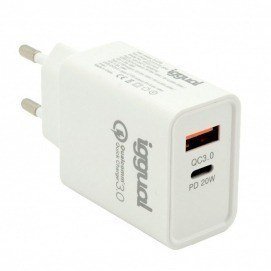 Iggual Cargador doble USB QC3.0 + tipo C PD 20W