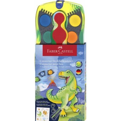 Faber-Castell Connector Dinosaurio Pack de 12 Acuarelas en Pastilla + Pintura Blanca Opaca + Pegatinas - Gran Opacidad - Facilmente Mezclables - Colores Surtidos