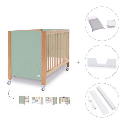 Cuna-escritorio madera/verde-menta (5en1) 60x120 cm + textil Carezza · Ombra