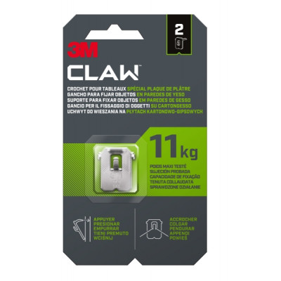 3M Claw Pack de 2 Ganchos de Metal para Paredes de Yeso - Soporta hasta 11kg - Color Gris/Titanio