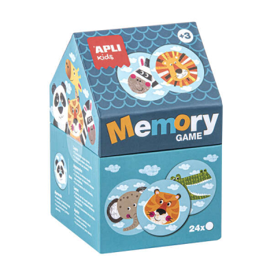 Apli Juego de Memoria Infantil - 24 Piezas Ø 8 cm - Dibujos de Animales Divertidos - Caja en Forma de Casita - Resistentes y Seguras - Mejora la Concentracion, Memoria y Habilidades Matematicas - Auto