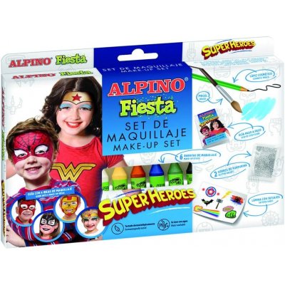 Alpino Fiesta Superheroes Pack de Maquillaje con 6 Barritas de Pintura Facial + Pincel + Tatuajes en Calcomania + Lapiz Perfilador y 2 Sobres de Purpurina - Se Lava con Agua - Testado Dermatologicamen