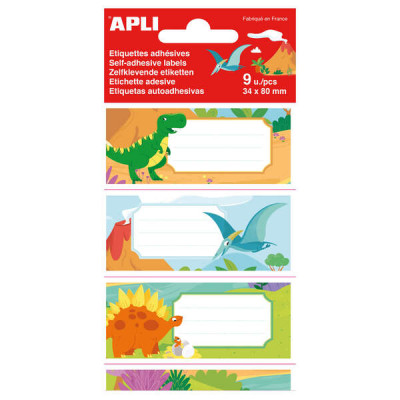 Apli Etiquetas Adhesivas Escolares Dinosaurios - Tamaño 81x36mm - 9 Etiquetas de Adhesivo Permanente de Alta Calidad - Ideal para Marcar e Identificar Libros, Cuadernos, Carpetas, Catalogos, Carpesano