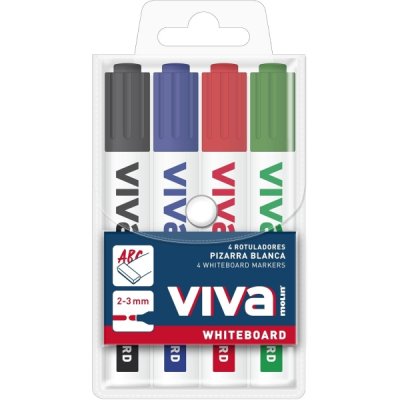 Molin Viva Pack de 4 Rotuladores para Pizarra Blanca - Punta Redonda de Fibra Sintetica - Trazo 3mm - Tinta con Base de Alcohol - Colores Surtidos