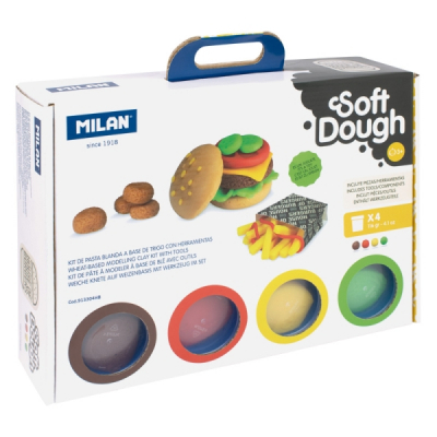 Milan Soft Dough Pack de 4 Botes de Pasta Blanda - Maletin con Herramientas - 116g por Unidad - 100% Vegetal - Moldeable - Sin Residuos - Colores Mezclables - Tematica Hamburgeseria