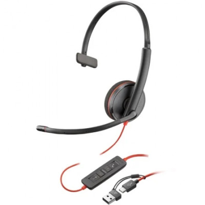 Auricular Poly Blackwire 3210 + Adaptador USB-C/A/ con Micrófono/ USB Tipo-C/ Negro