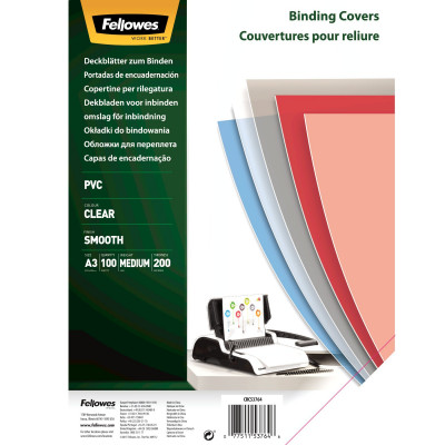 FELLOWES Pack de 100 portadas de PVC 40% reciclado transparente cristal A3 200 micras