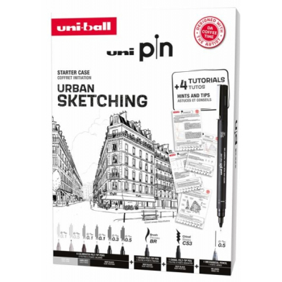 Uni-ball Uni Pin Urban Sketching Pack de 8 Rotuladores Calibrados 0.1, 0.3, 0.5, Brush y CS3 + 1 Portaminas Shalaku S + 4 Tutoriales + Consejos y Sugerencias de DA COFFEE TIME - Tinta Pigmentada Resis