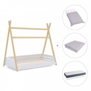 Cama júnior Montessori madera 90x200 cm + colchón + textil Carezza · Homy Life XL