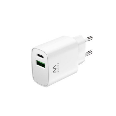 CARGADOR EWENT USB-C Y USB-A QC3.0 AC PD 2 PUERTOS (20W) BLANCO