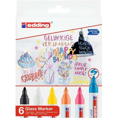 Edding 95 Pack de 6 Rotuladores de Tiza Liquida - Punta Redonda - Trazo 1.5-3mm - Colores Blanco, Amarillo, Negro, Naranja, Rosa y Azul