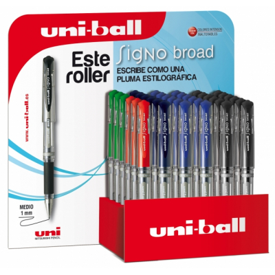 Uni-ball Signo Broad UM-153/3D Expositor de 36 Rollers de Tinta Gel - Punta de Bola 1mm - Trazo Estilo Pluma - Sujecion de Caucho - Color Surtido