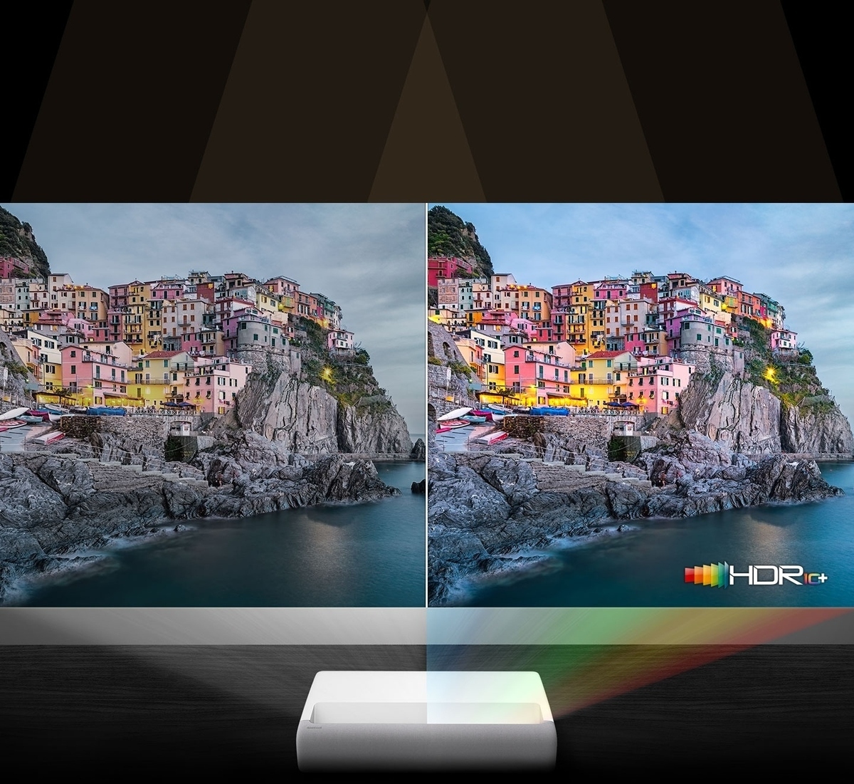 Con tecnología láser, The Premiere muestra dos pantallas para comparar hdr 10 plus y enfatizar la calidad de imagen 4K.