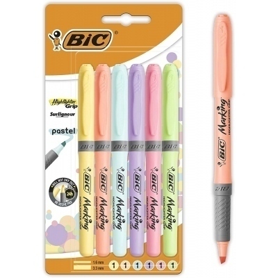Bic Highlighter Grip Pack de 6 Marcadores Fluorescentes Pastel - Tinta con Base de Agua - Punta Biselada - Trazo entre 1.60 y 3.30mm - Colores Surtidos