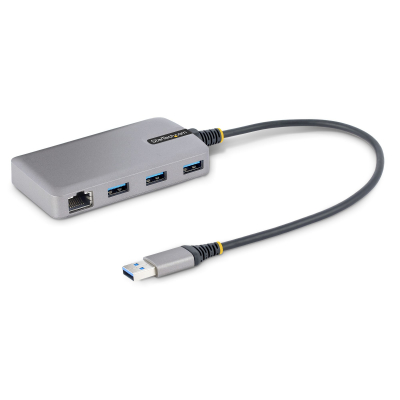 Hub USB de 3 Puertos USBA - USB 3.0 de 5Gbps - Alimentado por el Bus - Concentrador USB de 3 Puertos USB-A - Ladrón USB Portátil - Cable 30cm - Red Ethernet RJ45 1Gb