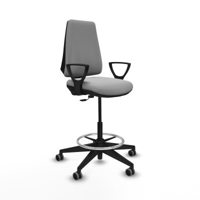 Taburete Elche CP similpiel gris claro brazos fijos base piramidal ruedas 65mm engomadas