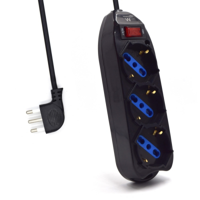 Ewent Regleta con 3 Tomas Tipo L/F (Schuko) de 10/16A - Interruptor On/Off - Enchufe Italiano Plano en Angulo - Cable de 1.5m - Color Negro