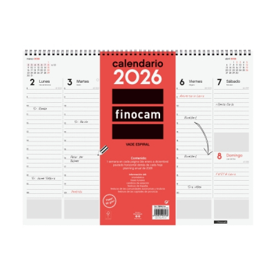 Finocam Vade Calendario de Sobremesa - Anual 2026 - con Espiral - 420x8x320mm - Semana Vista en Vertical - Color Blanco y Rojo