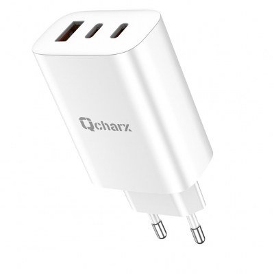 Cargador qcharx ares 3a 65w 2 puerto tipo c + usb blanco
