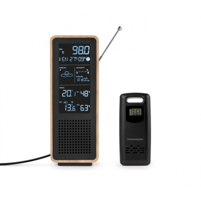 Thomson Altavoz Bluetooth con Estacion Meteorologica y Radio FM - Potencia Musical 15W - Pantalla Retroiluminada - Sonda Exterior Inalambrica - Color Madera y Negro