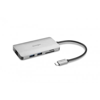 Kensington Hub 8 en 1 Conexion USB-C - Puertos: 3x USB 3.2, 1x USB-C PD hasta 85W, 1x HDMI 2.0, Lector SD y MicroSD - Color Plata