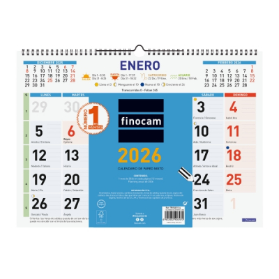 Finocam Calendario de Pared - Anual 2026 - Espacio para Escribir - Formato L - 430x10x310mm - Numeros Grandes - Color Azul y Blanco