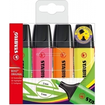 Stabilo Boss 70 Pack de 4 Marcadores Fluorescentes - Trazo entre 2 y 5mm - Recargable - Tinta con Base de Agua - Colores Surtidos