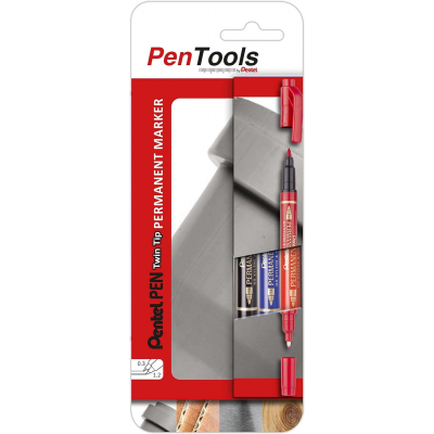 Pentel PenTools Pack de 3 Rotuladores Permanentes Industriales Pentel Pen Twin Tip - Doble Punta - Extrafina 0,6mm y Fina 3.5mm - Resistente a Agua y Luz - Colores Negro, Azul, y Rojo