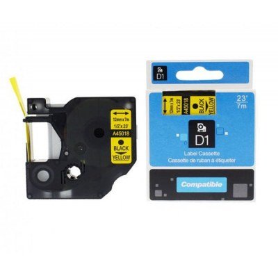 Dymo D1 45018 Cinta de Etiquetas Generica para Rotuladora - Texto negro sobre fondo amarillo - Ancho 12mm x 7 metros - Reemplaza S0720580