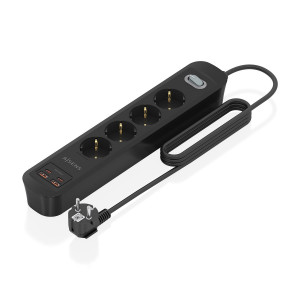 AISENS - REGLETA DE ENCHUFES MULTIFUNCION CON 4 TOMAS + CARGADOR PD3.0 20W 2xUSB-C, 2xUSB-A, 1.4M, NEGRO