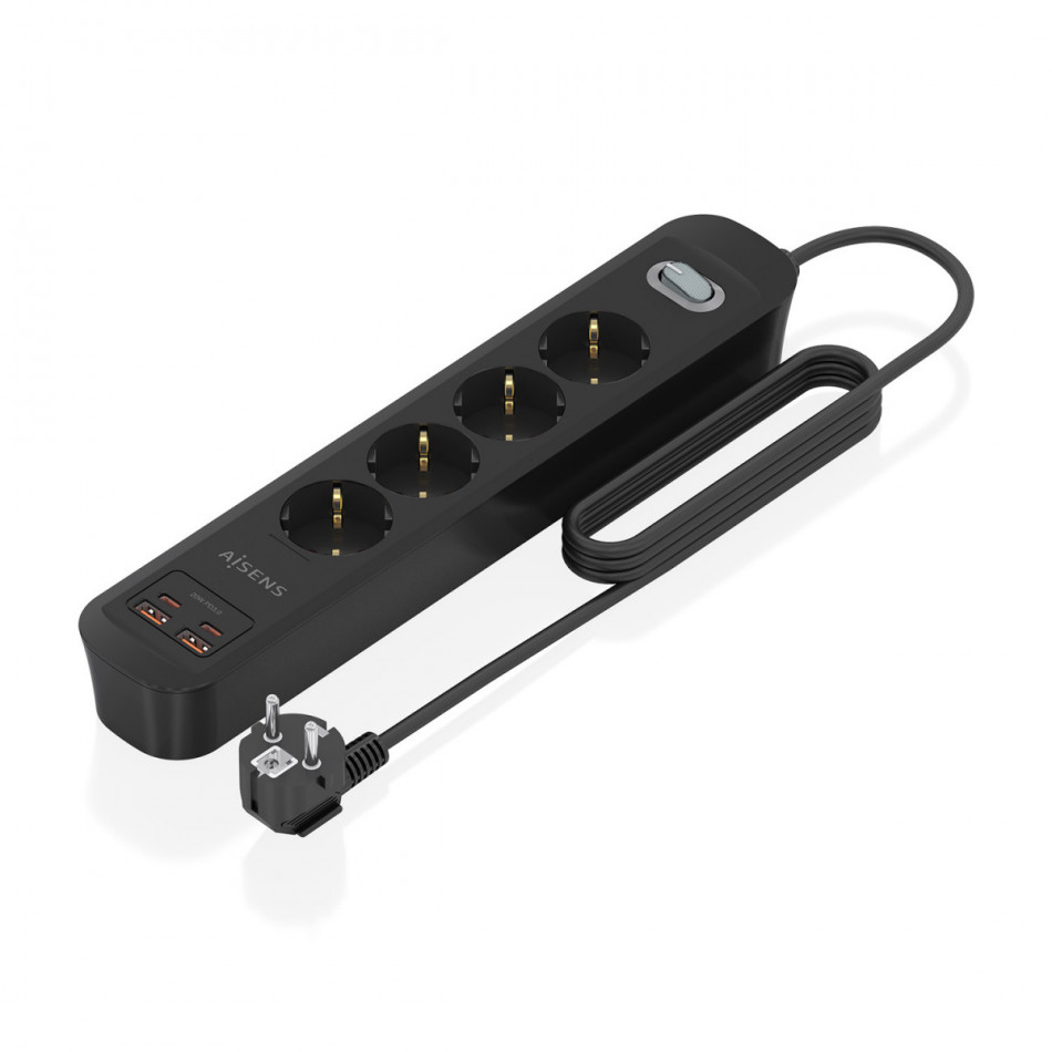 AISENS - REGLETA DE ENCHUFES MULTIFUNCION CON 4 TOMAS + CARGADOR PD3.0 20W 2xUSB-C, 2xUSB-A, 1.4M, NEGRO