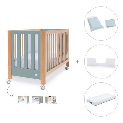 Cuna-cama-sofá madera/eucalipto (4en1) 60x120 cm + colchón + textil Mint · Occa