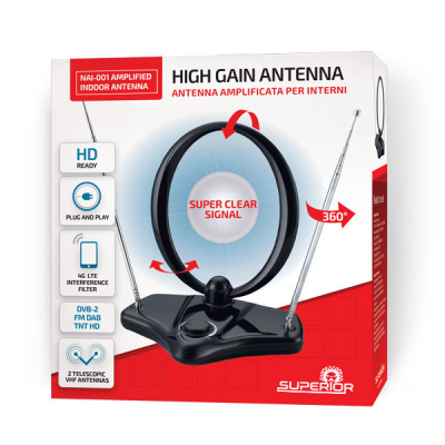 Antena TV Interior con Amplificador 30dB Alimentador 230Vac incluido