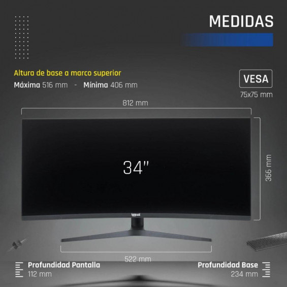 Monitor iggual ML34C, 34 pulgadas, UWQHD, VA, 165 Hz, 1 ms, curvo, altura regulable, altavoces, HDMI, DisplayPort, 120% sRGB - imagen 3