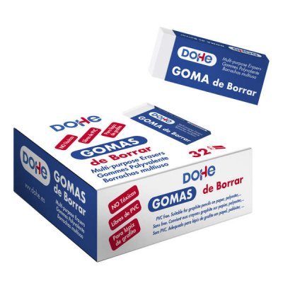 Dohe Expositor con 32 Gomas de Borrar Libres de PVC 59x23x10mm - Borrado Suave y Eficaz - Para todo tipo de Lapices - Color Blanco