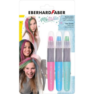 Eberhard Faber Pack de 3 Tizas Metallic para el Cabello + 1 Mini Peine - Aplicar sobre el Cabello Seco - Utilice el Peine para Dispensar el Color - Facil de Lavar - Colores Rosa, Azul, Verde Metalizad