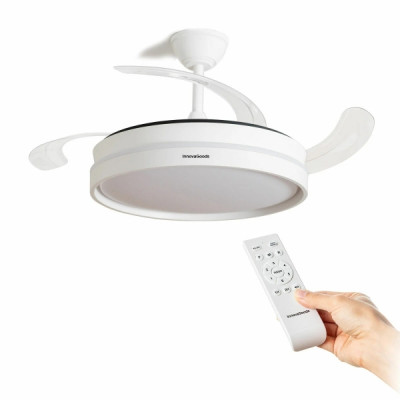 Innovagoods Keteez Ventilador de Techo con 4 Aspas Retractiles - 72W - 6 Velocidades - Luz LED - Incluye Accesorios de Montaje - Mando a Distancia - Temporizador - 49-104x42cm - Color Blanco