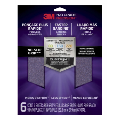 3M Pro Grade Precision Faster Pack de 6 Hojas de Lijado - Lijas de Granos Surtidas - 22.8x27.9cm - Rendimiento Superior - Reduccion de Fatiga - Color Morado