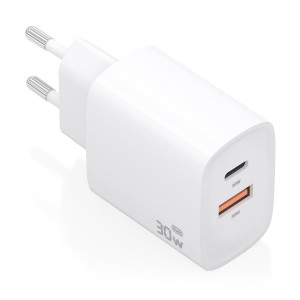 AISENS - CARGADOR GaN 30W, 1xUSB-C PD3.0 QC4.0, 1xUSB-A QC3.0, BLANCO