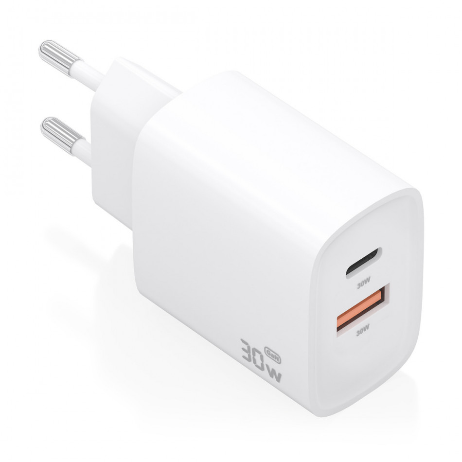 AISENS - CARGADOR GaN 30W, 1xUSB-C PD3.0 QC4.0, 1xUSB-A QC3.0, BLANCO