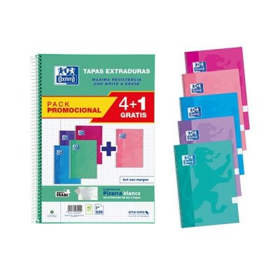 Cuadernos con Espiral Cuadriculados + Pizarras Blancas Oxford 400122766/ A4+/ 80 Hojas/ 5 unidades/ Turquesa/ Lila/ Azul/ Rosa/ Fucsia