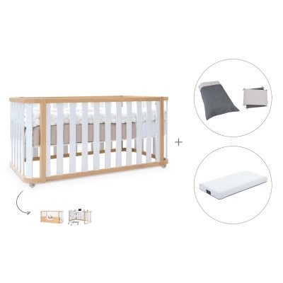 Cuna-cama madera/blanca 70x140 cm (3en1) + colchón + textil Stone Grey · Crea Plus Due Life