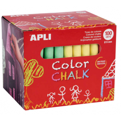 Apli Pack de 100 Tizas Redondas de Colores Surtidos Ø 9 x 80mm - Sin Polvo - Ideales para Escribir, Dibujar y Colorear en Pizarras y Pavimentos - Aptas para Uso Escolar