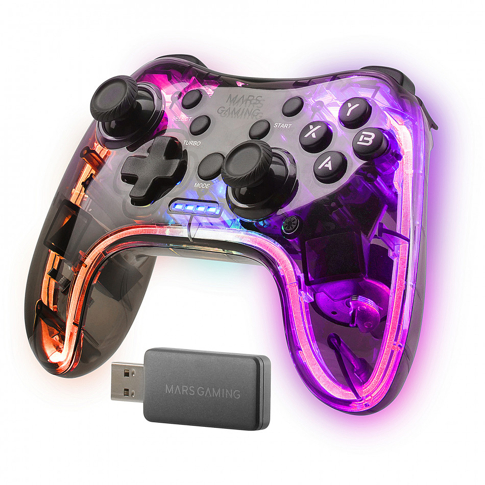 Mars Gaming Gamepad Inalámbrico 2.4GPRO, Neon RGB, Vibración Háptica Dual, Joysticks Analógicos, Mando para PC, PS3, PS4, XBOX360, Raspberry Pi, Mac, Android, MGP-24, Transparente