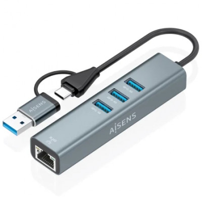 Hub USB + USB Tipo-C 3.2 Aisens A109-1033/ 3xUSB/ 1xRJ45/ Gris
