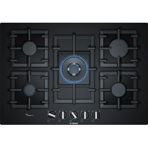 Placa de gas Bosch PPQ7A6B90, 75 cm, 5 zonas, Cristal Gas, negro