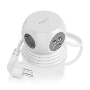 AISENS - Regleta de Enchufes Sobremesa Multifuncion con 3 Tomas + 2xUSB-C, 2xUSB-A, 1,4M, Blanco