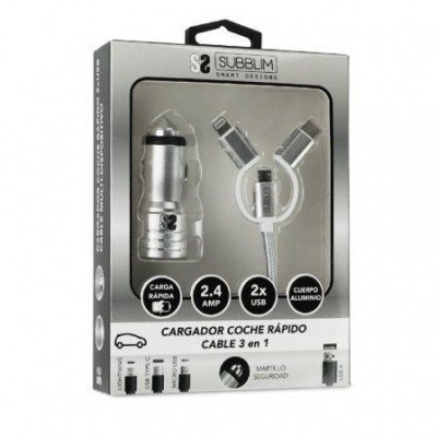 Cargador de Coche Subblim SUB-CHG-4CC001/ 2xUSB + Cable USB 3 en 1/ 12W/ Plata